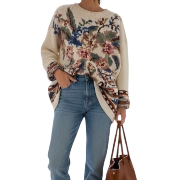 Vintage Heirloom Collections Creme And floral Chunky knit sweater | Sz Medium - Picture 2 of 9